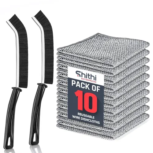 Image of 10PCS Reusable Wire Dishcloths with 2 PCS Tile Cleaning Brushes for Kitchen
