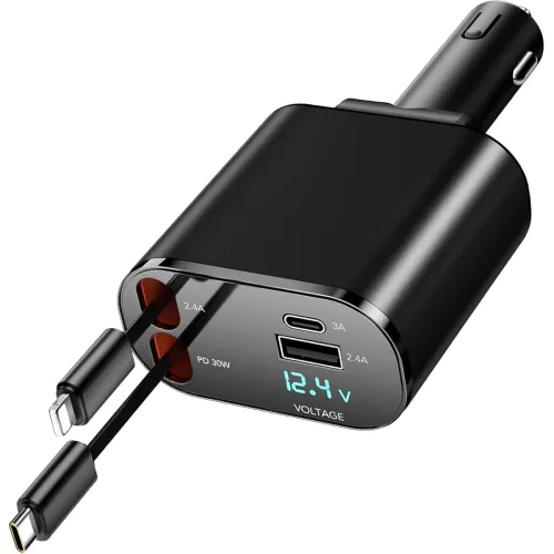 Image of 4-in-1 Retractable 100W Fast Car Charger (Type-C + USB Ports)