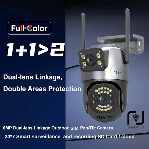 Image of 6Mp FHD+ 4G SIM Based cctv camera 360 PTZ Outdoor Indoor dual lens dual view Security Camera