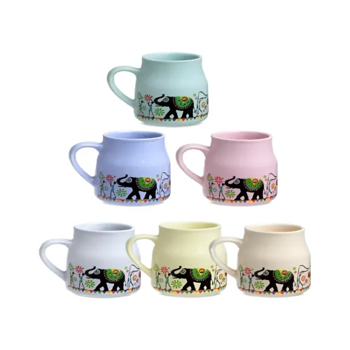 Image of 6 Pcs Handcrafted Printed Stoneware Matte Mugs 220 ml Each