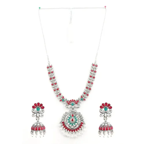 Image of ACCESSHER Silver Plated Ruby and Emerald Stones Embellished Pearl Drops Embedded Antique Oxidized Necklace Set with Jhum