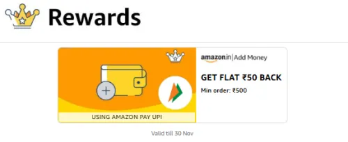 Image of Add Money Get Flat ₹50 Back Min. Order Value ₹500 @ Amazon