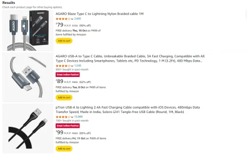 Image of AGARO Blaze Type C to Lightning Nylon Braided cable 1M start from ₹79