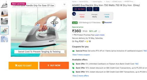 Image of AGARO Eva Electric Dry Iron-750 Watts