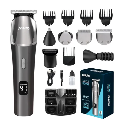 Image of AGARO Royal Multi Grooming Kit For Men, 9in1, Shave Type C Fast Charging, 120 Min Usage, IPX7, Silver