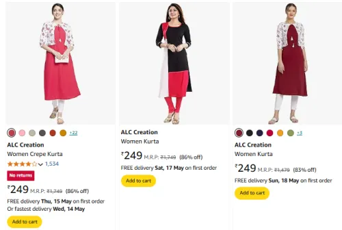 Image of ALC Creation Women Fashion Kurta Miimum 80% Discount