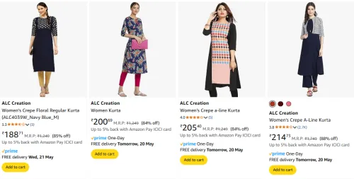 Image of ALC Creation Women's Kurtas at minimum 80% Discount