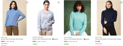 Image of Allen Solly Women Turtle Neck Blue Sweater @ Up to 85% Discount