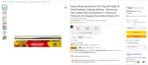 Image of Aluminium Foil Wrap 70g (40+30g) 9m (11 Microns)