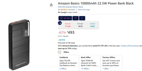 Image of Amazon Basics 10000mAh 22.5W Power Bank Black
