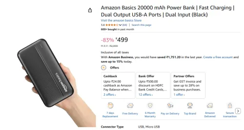 Image of Amazon Basics 20000 mAh Power Bank