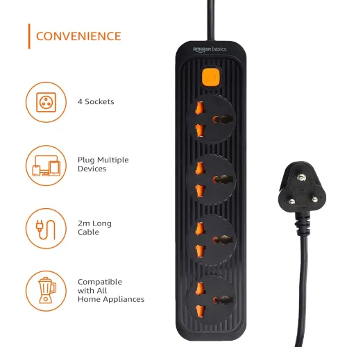 Image of Amazon Basics Extension Board 4 AC Socket, 1500 Watts, Black, 250 Volts