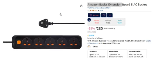 Image of Amazon Basics Extension Board 5 AC Socket