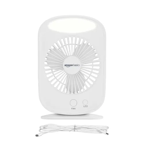 Image of amazon basics Mini Rechargeable Portable Fan with LED Lighting | USB Charging | 3 Speeds & 3 Light Settings | 1800mAh Ba