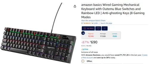 Image of amazon basics Wired Gaming Mechanical Keyboard