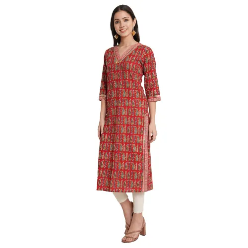 Image of Amazon Brand - Anarva Jaipuri Cotton Printed Straight Kurta for Women