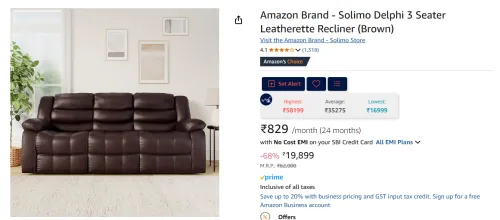 Image of Amazon Brand - Solimo Delphi 3 Seater Leatherette Recliner