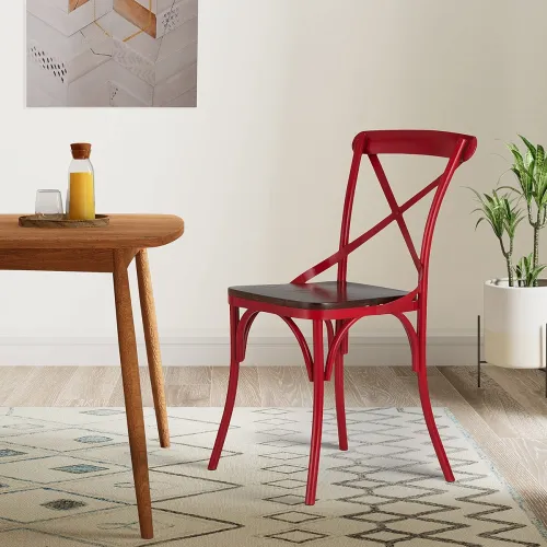 Image of Amazon Brand - Solimo Tortel Chair with Wooden Seat (Iron, Red, 2 Pieces)