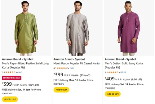 Image of Amazon Brand - Symbol Men's Solid Long Kurta Starting At @399