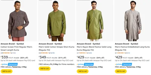 Image of Amazon Brand - Symbol Men's Kurtas at minimum 80% Discount