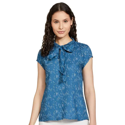 Image of Amazon Brand - Symbol Women's Rayon Cap Sleeve Regular Fit Tie-up Neck Blouse
