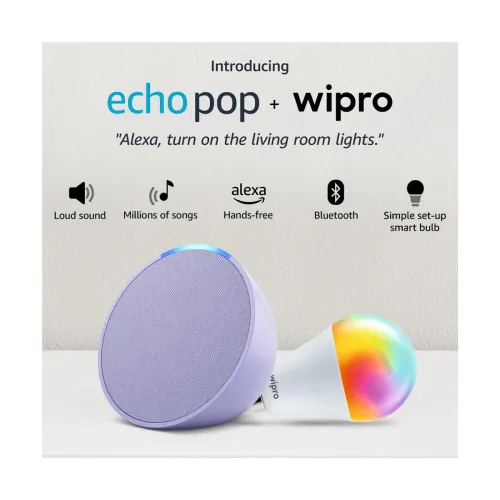 Image of Amazon Echo Pop (Purple) Smart Home Speaker Combo with Wipro 9W Bulb