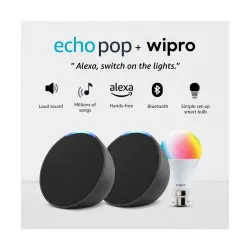 Amazon Echo Pop Twin Pack with Wipro 9W Smart Bulb & Alexa