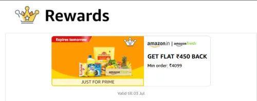 Image of Amazon Fresh Reward: ₹450 Cashback on Minimum Order Value of ₹4099