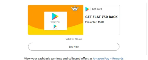 Image of Amazon Offer: Flat ₹30 Cashback on Google Play Gift Card