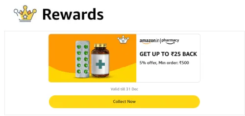 Image of Amazon Medicine Offer: 5% Discount Up To ₹25 Cashback On Minimum Order value of ₹500