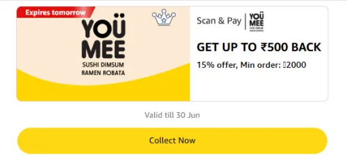 Image of Amazon Offer: 15% Cashback up to ₹500 on YouMee Store Payments