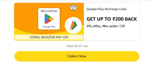Image of Amazon Offer: 4% up to ₹200 on Google Play Recharge