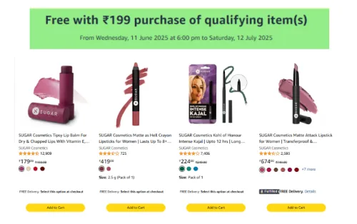Image of Amazon Offer: Buy ₹199 of sugar Cosmetic item & Get Free Pimple Patches