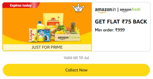 Image of Amazon Offer : Flat ₹75 Cashback on Amazon Fresh