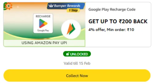 Image of Amazon Offer: Upto ₹200 Cashback on Google Play Recharge Code