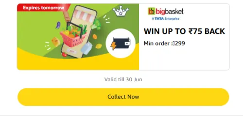 Image of Amazon Offer: Upto ₹75 Cashback on BigBasket Orders