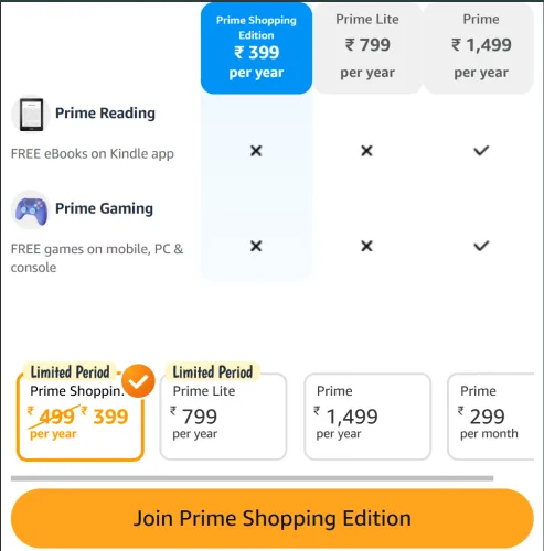 Image of Amazon Prime Shopping Edition @ ₹399 for 1 Year