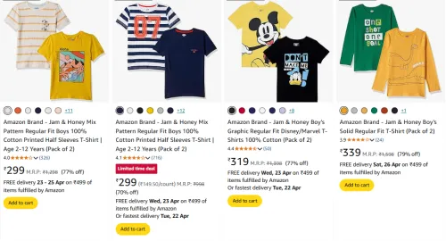 Image of Amazon Brand - Jam & Honey Boy's T-shirts (Pack of 2) at minimum 70% Off