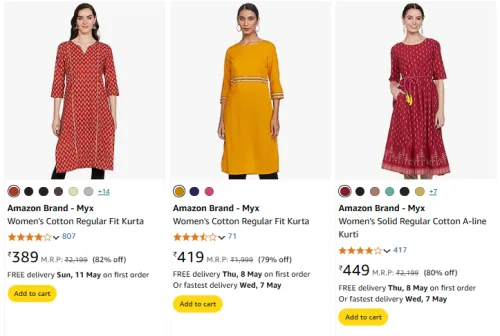 Image of Amazon Brand - Myx Women's Kurta at Minimum 70% Discount