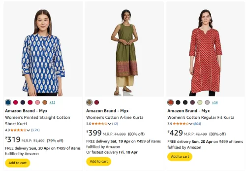 Image of Amazon Brand - Myx Women's Kurta at minimum 78% Off