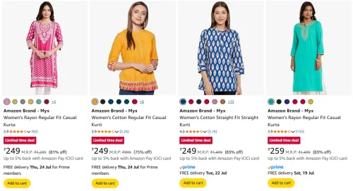 Image of Amazon Brand - Myx Women's Kurta at minimum 73% Discount