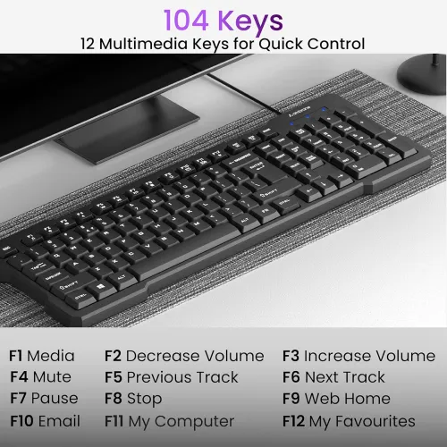 Image of Ambrane Wired Keyboard, 104 Key with Membrane Switch Quick