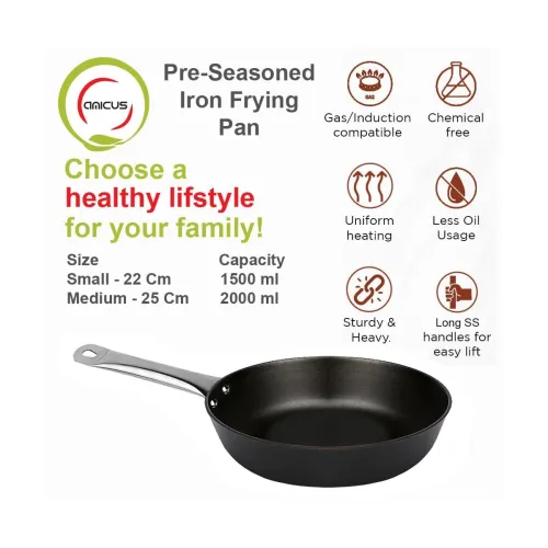 Image of amicus Pre-Seasoned Iron Frying Pan for Cooking, Deepfry, Stirfry, Fish Omlette Egg Frypan
