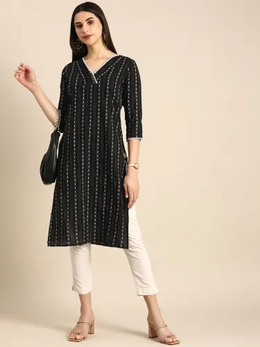 Image of anayna Women Woven Design Striped Straight Kurta