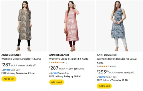 Image of ANNI DESIGNER Women's Kurta at minimum 83% Discount