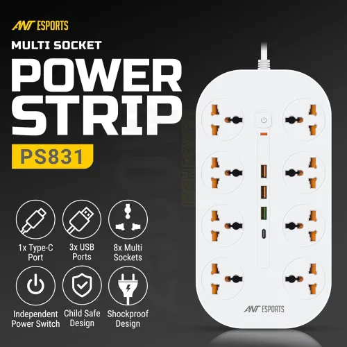 Image of Ant Esports PS831 Power Strips with 8 Universal Socket and 3USB-A & 1Type-C, 3-Meter Cord
