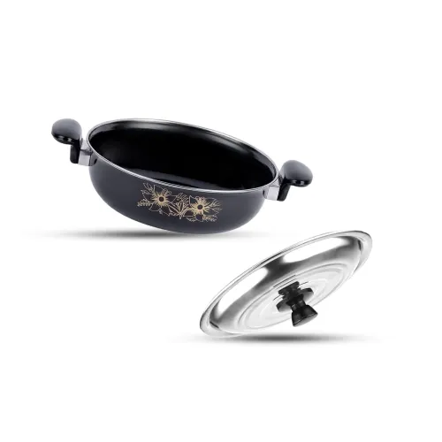 Image of ATEVON Non-Stick Kadhai with Lid, 26 cm, Black Cast Iron
