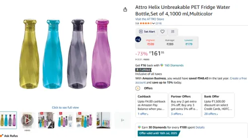 Image of Attro Helix Unbreakable PET Fridge Water Bottle,Set of 4