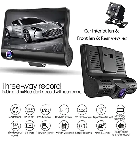 Image of AUSHA 3-Way Full HD Dash Cam (4inch Display, G-Sensor, Night Vision)