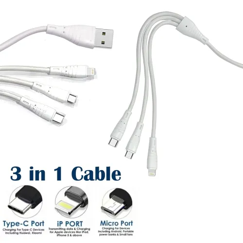 Image of Auto Pearl 3-in-1 Fast Charging Cable – Micro USB, iPhone, Type-C (White)